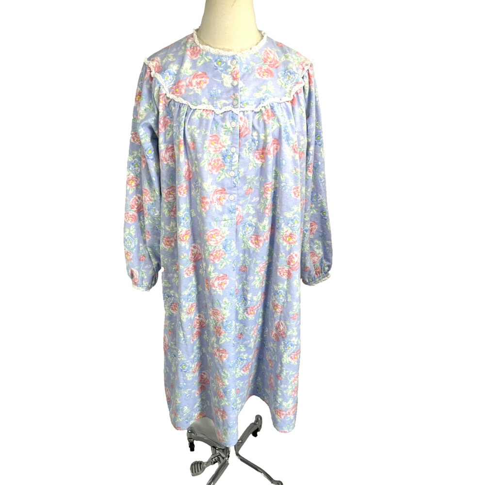 Lanz of Salzburg Nightgown BlueFloral‎ Flannel Womens XS Cottage Cozy Warm